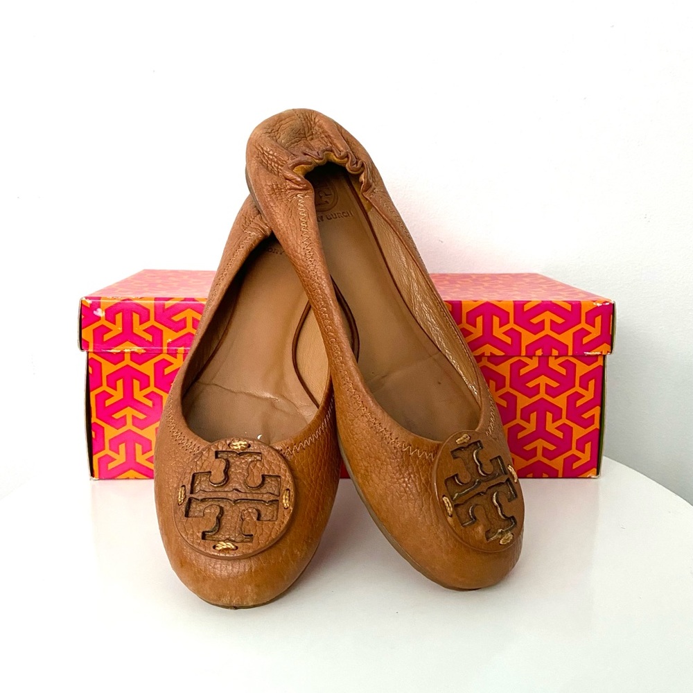 Tory Burch Reva Tumbled Leather (Tonal Logo) Size 7 Royal Tan